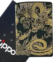 Zippo Phoenix Dragon Black Gold Etching Engraving 3-Sided Processing Lighter