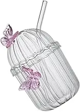 TEMPNAP 1 Set Butterfly Glass Cup with Lid and Straw Cute Drinkware for Soda Milk and Beverages Practical Transparent Water Glass for Home Office and Cafe Use