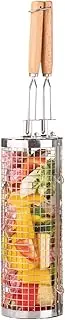 Rolling Grill Basket - Nesting Grill Baskets | Stainless Steel Round BBQ Net Tube | Wooden Rotating BBQ Cage | Outdoor Versatile Accessories | Portable Chicken Wing Basket For Vegetables, Sausages