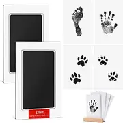 QGGTQG Baby Handprint and Footprint Set, 2 Pieces Newborn Baby Imprint Set, Hand Print, Baby Inkless Ink Pad & Paw Print Set, Dog Baby Gifts with Decorative Wooden Stand