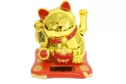 4" Solar Powered Lucky Cat Beckoning Fortune Happy Maneki Neko Gold Home Decor.