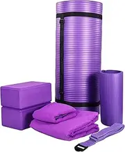 BalanceFrom 7-Piece Home Gym Yoga Set with 1-Inch or 1/2-Inch Thick Yoga Mat, 2 Yoga Blocks, Mat Towel, Hand Towel, Stretch Strap & Knee Pad