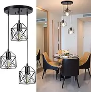 Depuley Vintage Pendant Light, 3-Light Adjustable Hanging Pendant Lights Fixture with Cage Shade, Industrial Design Pendant Lamp for Kitchen/Dining Room/Hallway, E27 Base Black