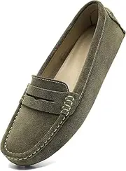 [Osslue] Women's Suede Leather Casual Penny Loafers Retro Ladies Moccasins Driving Mocs Comfort Slip-On Fashion Boat Shoes Classic Flats