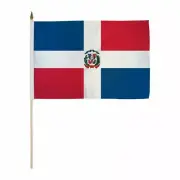 3 PACK 12 x 18 INCH DOMINICAN REPUBLIC STICK FLAG ON 2 FOOT SOLID WOOD STAFF