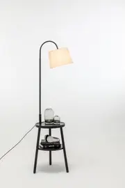 New Oriental Matte Black Rubberwood Lamp with Double Round Shelves and Off White Linen Shade Including USB port and wireless charging