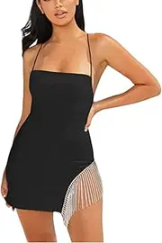 [SHINsuke] Women Summer Bodycon Slip Cami Mini Dress, Sexy Strap Tassel Fringe Sequins Short Slim Pencil Prom Dress Party