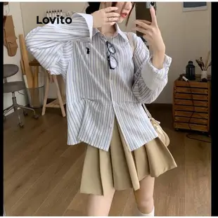 Lovito 女士休閒條紋刺繡羈扣前扣環裝飾襯衫 LNA43102