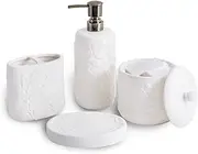 Bathroom Accessories Set, 4-Piece Ceramic Bath Accessory Complete Set with 3D Leaf Design Lotion Dispenser, Cotton Jar, Soap Dish, Tumbler (White)