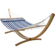 12 ft Natural Wooden Arc Hammock Stand & King Quilted Hammock in Hamptons Stripe