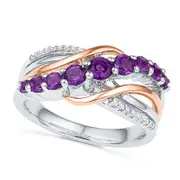 Amethyst and Natural Diamond Accent Slant Ring in Sterling Silver and Solid 10K Rose Gold