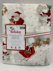 Pottery Barn Kids Percale Heritage Santa Organic Sheet Set Queen #8419
