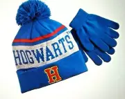 Harry Potter Hogwarts Boy's 2 Piece pc Hat w/ pom, Gloves Set NEW NWT OSFM Blue