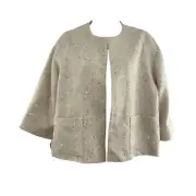 Louben Women's Size 6 Ivory Gold Sequins Open Front Textured Linen Blend Blazer
