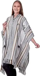 [INTI ALPACA] Alpaca Hooded Poncho for Women - White Cape with hood - Traditional Serape Shawl knitted with alpaca wool