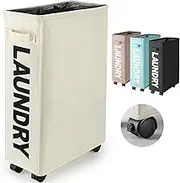 Rolling Slim Laundry Basket 43L Oxford Cloth Laundry Hamper with Wheels Slimline Narrow Corner Laundry Basket Collapsible Dirty Clothes Basket Foldable Corner Storage Bins (Beige)