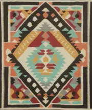 Flat-weave Square Wool Geometric Kilim Oriental Reversible Rug Tribal Carpet 5x5