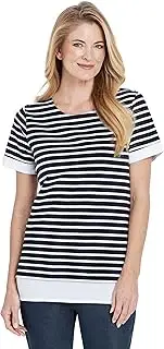 [Noni B] Womens - Tops - Summer - Tunic - Blue Cotton - Short Sleeve - Crew Neck - Fitted - Length Long - Striped - Casual Office Wear - Work Clothes