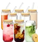 Glass lids straw 16 Ounce New With Bamboo Lids Glass Drinking Straws Can Shaped