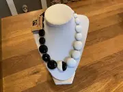 NWT!VTG 2000 KAZURI "SAMBA" HANDMADE BLACK WHITE GLAZE ART POTTERY BEAD NECKLACE