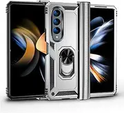 [Cavor] for Samsung Galaxy Z Fold4 5G Case (7.6") TPU Case PC Bumper 360° Rotation Ring Holder Kickstand Back Cover [Work with Magnetic Car Mount] Shockproof Protective Cover-Silver