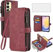 Asuwish Phone Case for Samsung Galaxy A25 5G/A24 4G/M34 /F34 Wallet Cover with Tempered Glass Screen Protector and Leather Flip Credit Card Holder Stand Cell Accessories A 25 25A 24A LTE Women Men Red