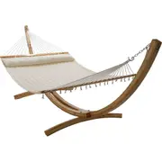 12 ft Natural Wooden Arc Hammock Stand & King Quilted Hammock in Cream