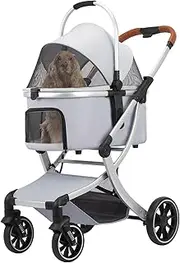 Dec-Mec Pet Stroller for Small/Medium Dogs Cats up to 40lbs with 4 Wheels -Zipperless Entry, Easy Fold, Detachable Carrier, Large Capacity Storage Basket (Grey)
