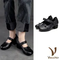 在飛比找momo購物網優惠-【Vecchio】真皮跟鞋 粗跟跟鞋/全真皮頭層牛皮典雅繩編