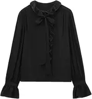 [Generic] Women Ruffles Bow Long Sleeve Chiffon Blouses Casual Loose Tops Shirts