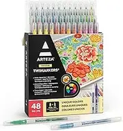 ARTEZA Twimarkers, Set of 48 Colors, Dual Tip Sketch Markers, with Fine & Brush Tips, Pens for Coloring, Calligraphy, Sketching, Doodling, Drawing, Journaling, Hand Lettering & Painting