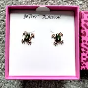 NIB Betsey Johnson Goldtone Green Enamel Frog with Crystals Stud Earrings