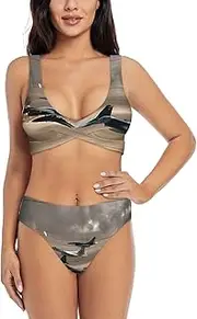 [EdWal] Jet Fighter Print Bikini Set for Women Halter Strapless Ruched Color Block Trim Swimsuit 2 Piece for Women