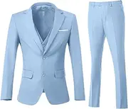 [ZKHOECR] Men's 3 Piece Slim Fit Suit Set, Two Button Blazer Solid Jacket Vest Pants Wedding Business Suit, Sky, 4X-Large
