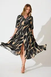 Danielle Midi Dress Short Sleeve in Black with Neutral Print 8