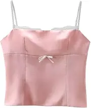 [Generic] Women's Satin Camisole Backless Sleeveless Lace Decoration Bowknot Slim Fit Cropped Top Y2k
