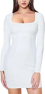 [Irisnaya] Long Sleeve Dress for Women Shapewear Tummy Control Bodycon Dress Slip Seamless Square Neck Body Shaper Dress