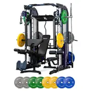 Reeplex CX3 Multi Gym + Adjustable Bench + 100kg Coloured Bumper Plates + Barbell + Leg Press + Jammer Arms