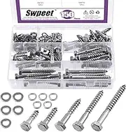 Swpeet 150PCS M8x30/35/50/65/75mm 304 Stainless Steel Hex Lag Bolts Screws and Flat Washers with Lock Washers Assortment Kit, M6 M8 Hexagon Head Wood Screws Lag Bolts and M6 M8 Flat Lock Washers