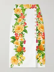 [Farm Rio] Farm Rio - Floral-print Linen Midi Wrap Skirt - Off-white - small small Off-white