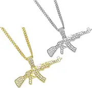[xuanhang] 2Pcs Set Unisex Gold and Silver Plated Gun Necklaces For Women Men,Trendy Dainty Non Tarnish Chunky 14k Gold Cubic Zirconia AK-47 Gun Charm Necklace Set Gold Chain Necklace For Women