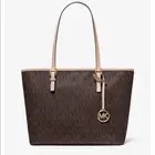 MICHAEL KORS Jet Set Brown MK Signature Zip Tote TZ Bag Gold MK Charm 38F1CT9T3B