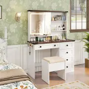 CostwayFarmhouse Vanity Set with Mirror 3-Color Lights and 3 Open Shelves-White