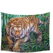 Cool Animal Art Dangerous Tiger in Bamboo Forest Tapestry