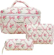 [Lilbitty] 3-Piece Pink Cosmetic Bag Set, Large Travel Makeup Bag with Floral Design, Padded Cotton Toiletry Bag for Women and Girls, Aesthetic Coquette Design for Care Products and Travel, Pink, L