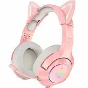 Girl Gaming Headset for PS4, PS5, One(No Adapter), Wired Over Ear Headphones with Detachable Cat Ears, Noise Cancelling Microphone, RGB Backlight, Surround Sound for PC Pink