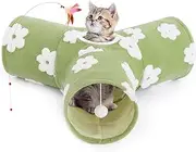 Flannel Pet Cat Tunnel Tube Cat Toys 3 Way Collapsible, Cat Tunnels for Indoor Cats，Kitty Tunnel Bored Pet Toys Peek Hole Toy Ball Puppy, Kitty, Kitten, Rabbit Daisy Green