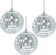 3 Pcs Mirror Balls, Disco Decorative Balls Glass Mosaic Spheres Glitter Ball Silver Baubles Christmas Tree Decorations Party Garden Hanging - 80mm