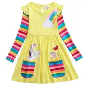 Kids Girls Unicorn Rainbow A-line Dress Long Sleeve Princess Dresses -NMAOV Yellow 3-4 Years