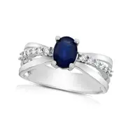 Oval Blue Sapphire and 0.20 CT. T.W. Natural Diamond Triple Row Split Shank Ring in Solid 14K White Gold
